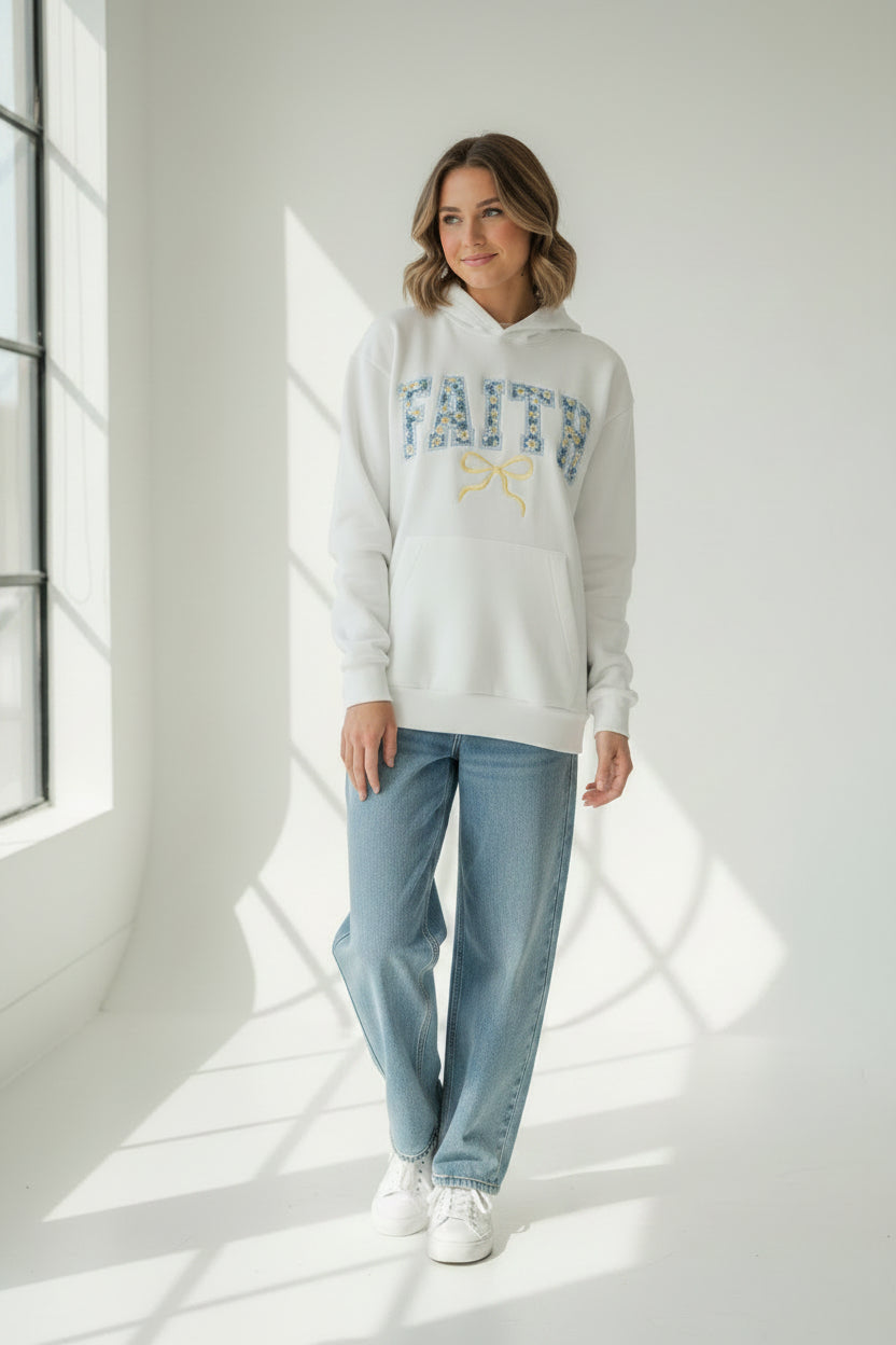 Faith Applique Hoodie - White Daisy