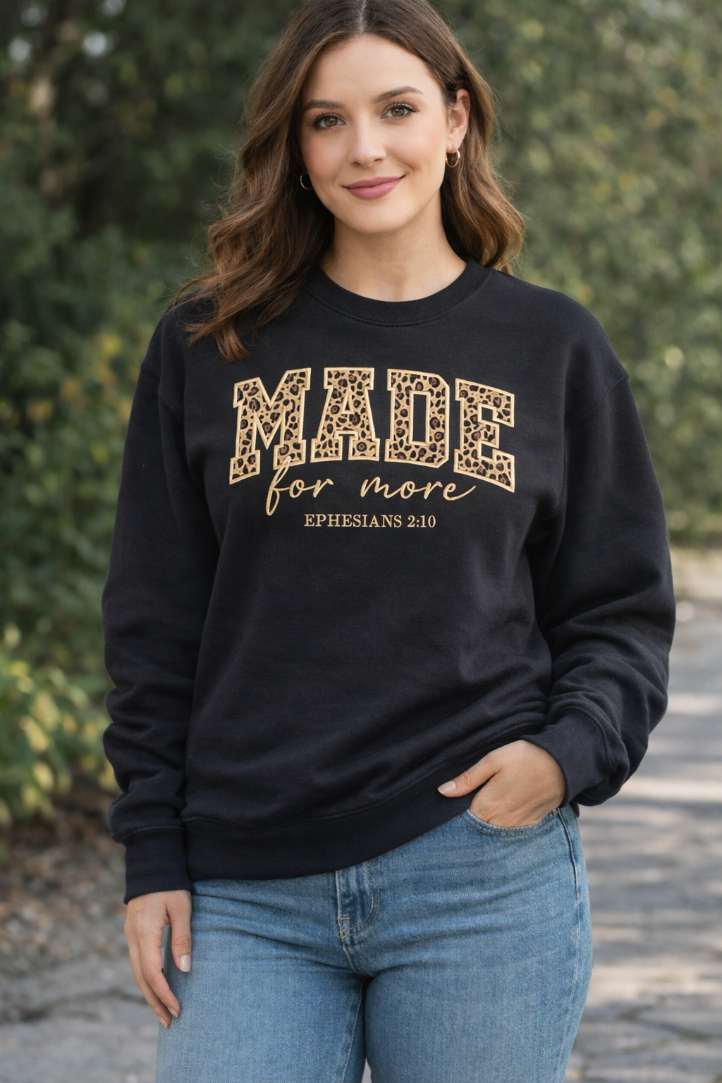 MADE for More Ephesians 2:10 Embroidered Christian Crewneck Sweatshirt - Black