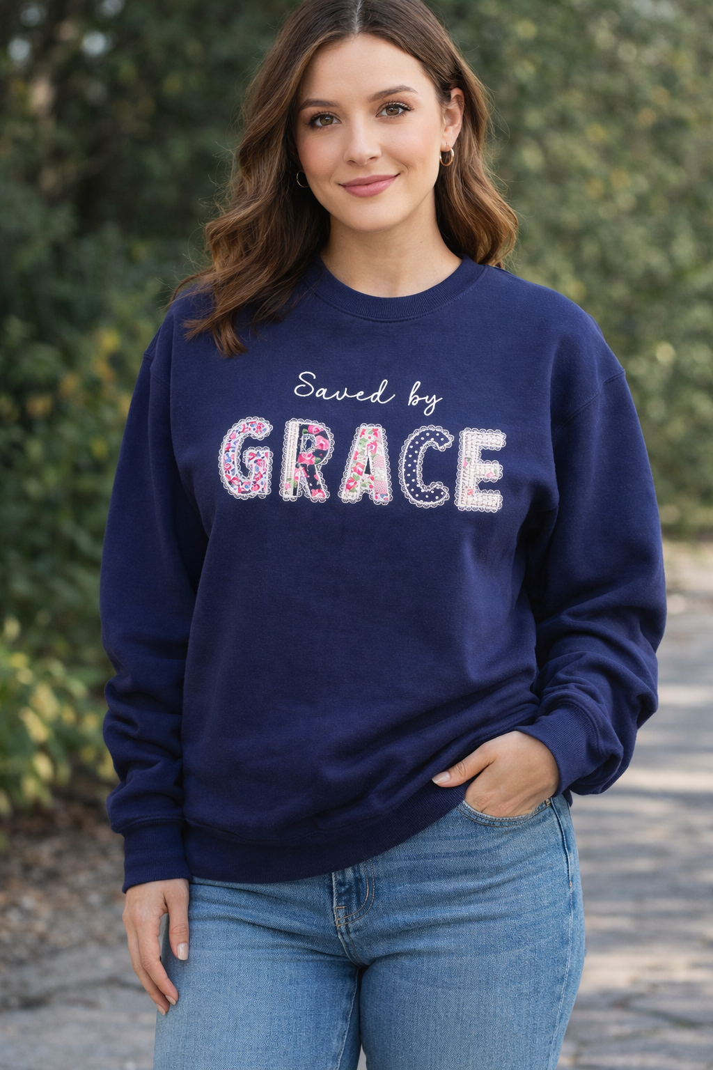 Saved by GRACE Appliquéd Crewneck Sweatshirt - Navy Blue