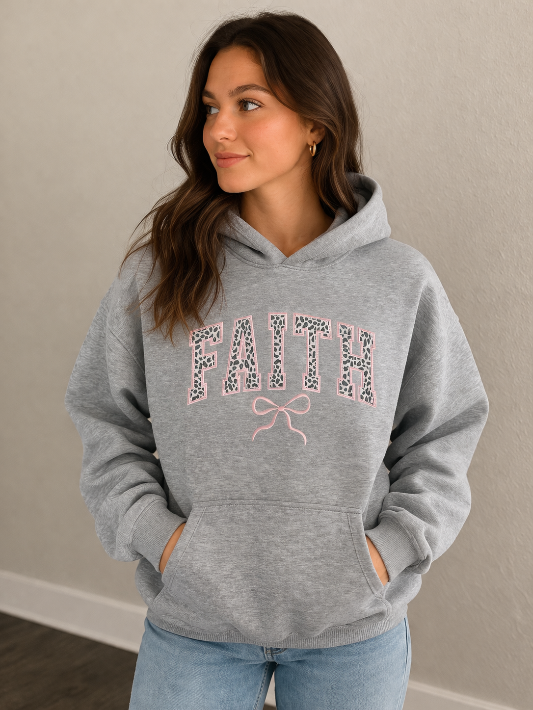 Faith Applique Hoodie -  Gray Leopard