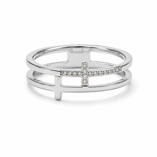 John 15:7 Pavé Double Cross Ring | Christian Scripture Ring