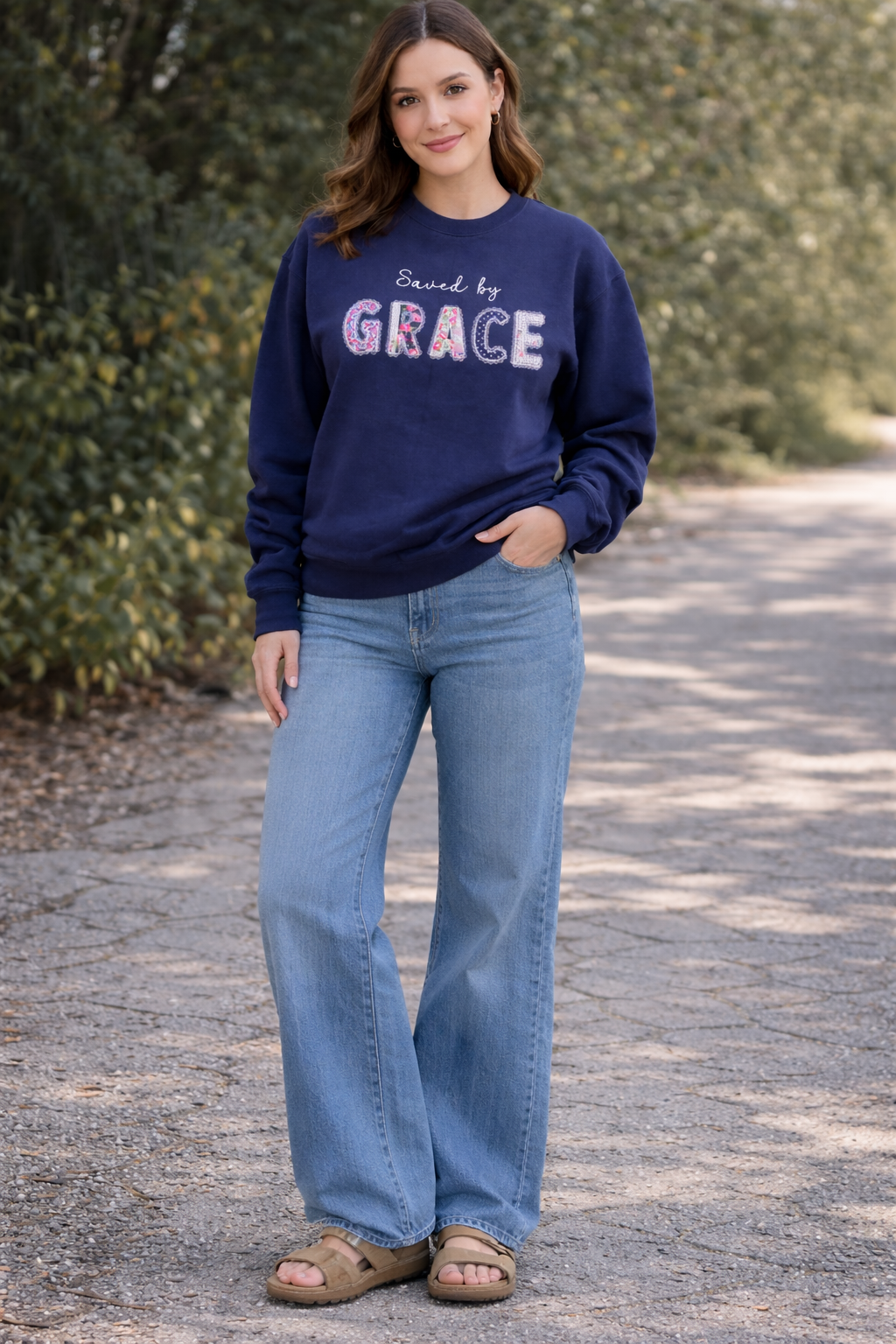 Saved by GRACE Appliquéd Crewneck Sweatshirt - Navy Blue