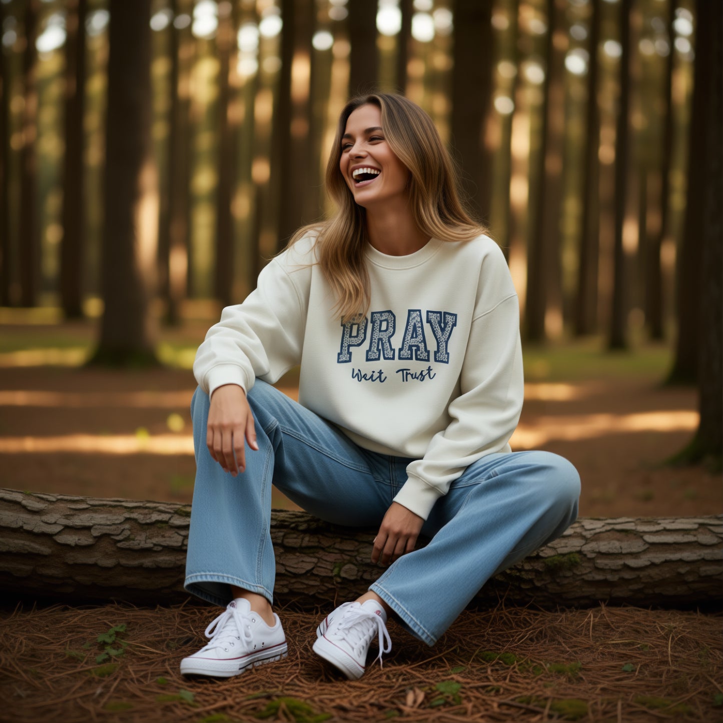 PRAY “Wait Trust” Appliquéd Crewneck Sweatshirt - Cream