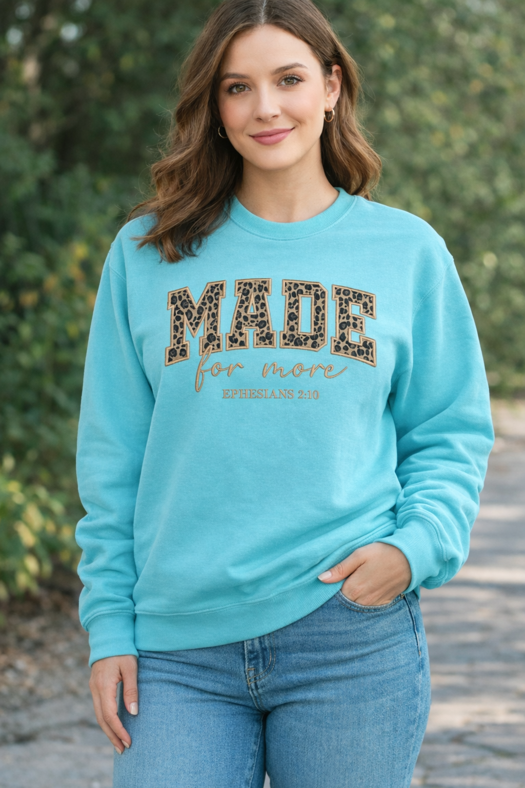 MADE for More Ephesians 2:10 Embroidered Christian Crewneck Sweatshirt - Teal