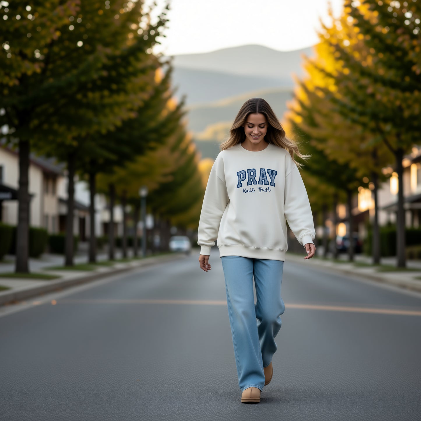 PRAY “Wait Trust” Appliquéd Crewneck Sweatshirt - Cream