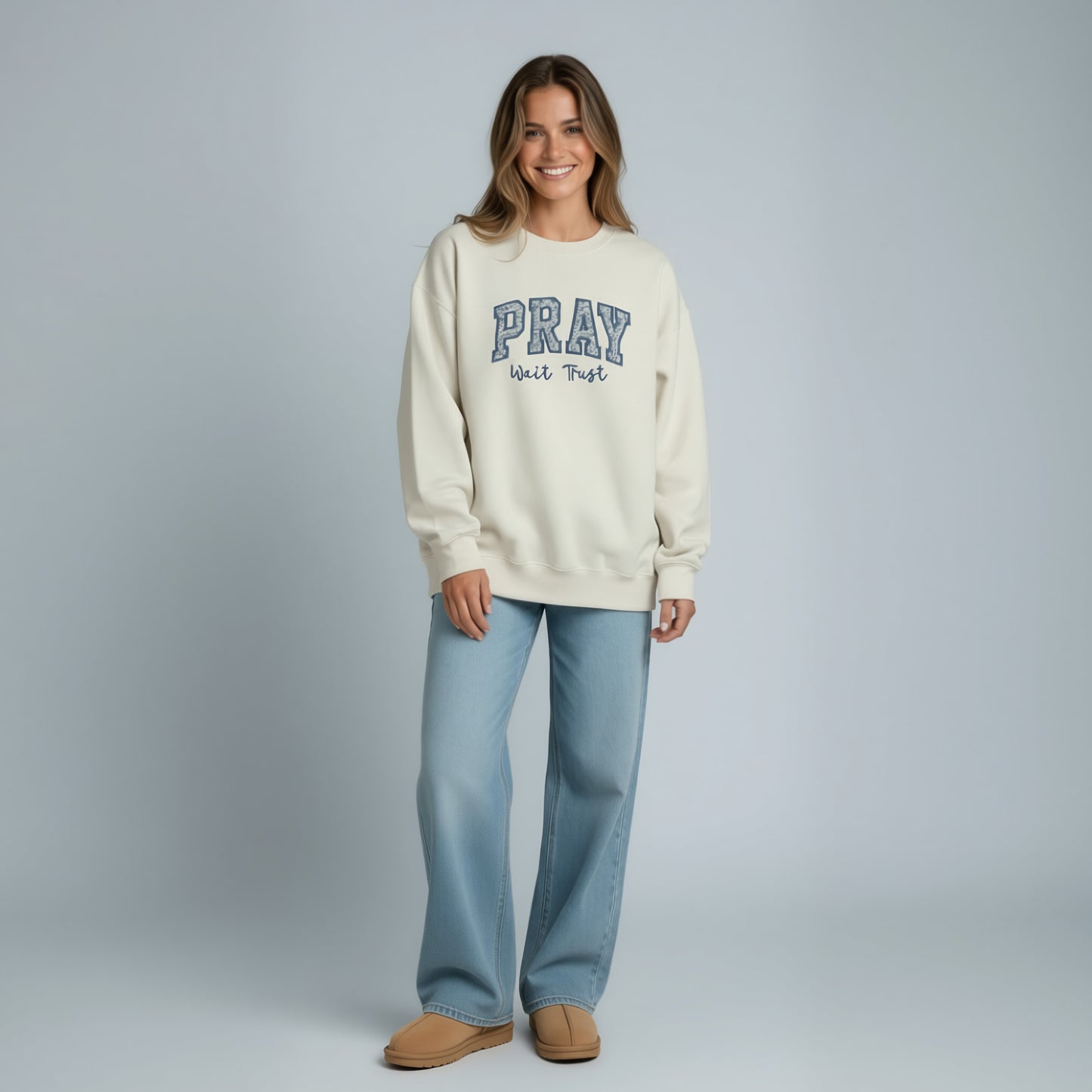 PRAY “Wait Trust” Appliquéd Crewneck Sweatshirt - Cream