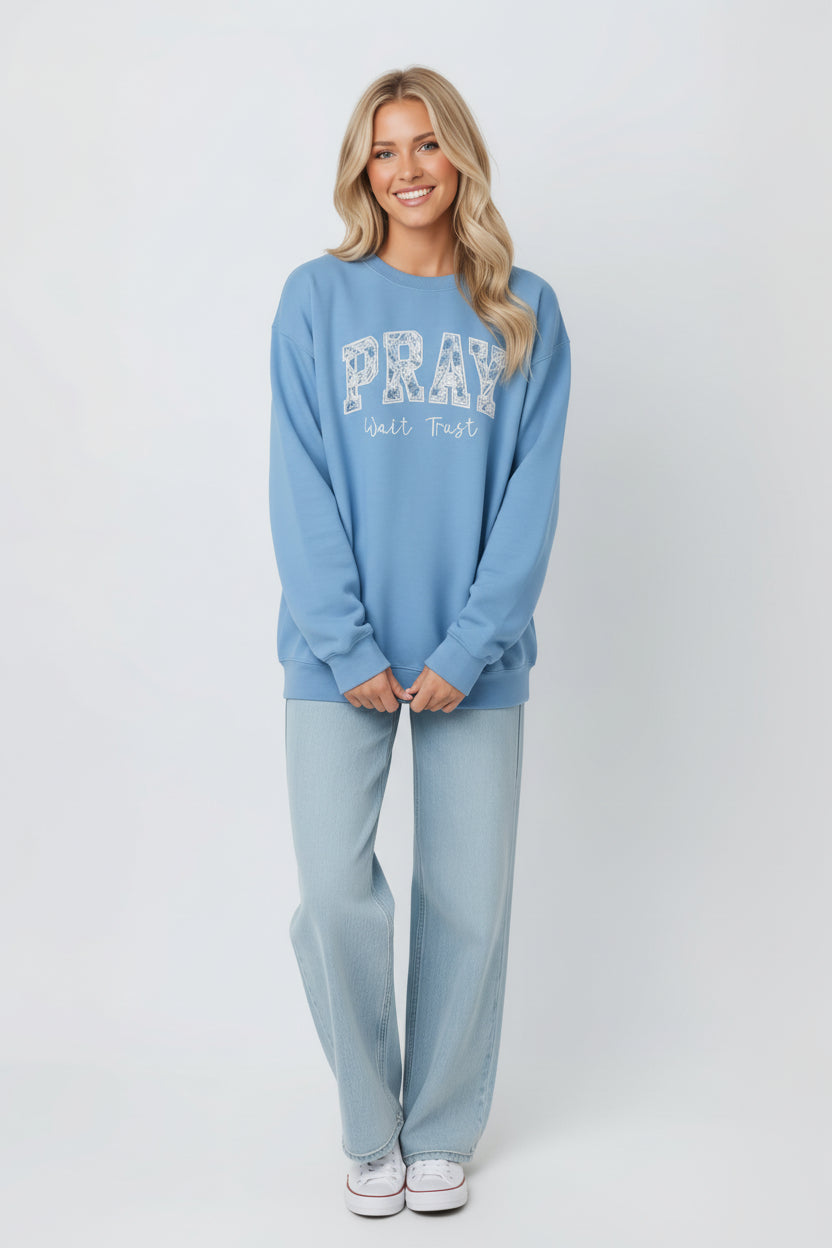PRAY “Wait Trust” Appliquéd Crewneck Sweatshirt - Blue