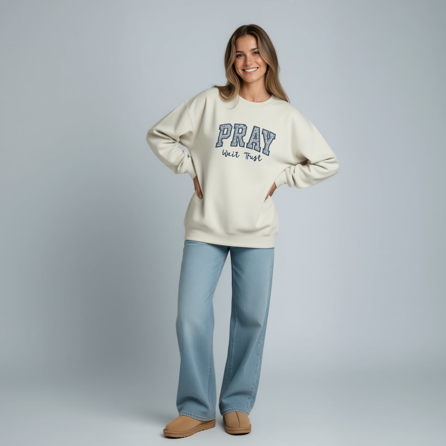 PRAY “Wait Trust” Appliquéd Crewneck Sweatshirt - Cream