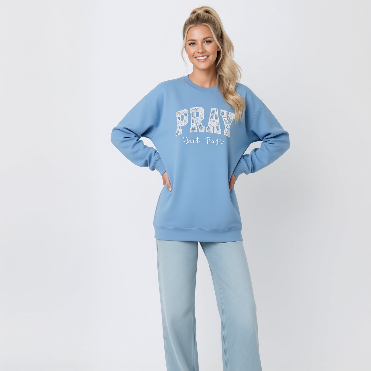 PRAY “Wait Trust” Appliquéd Crewneck Sweatshirt - Blue