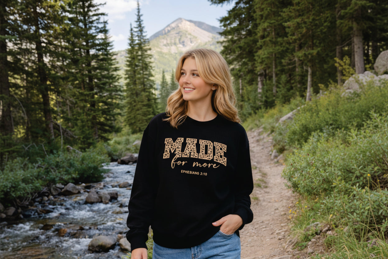 MADE for More Ephesians 2:10 Embroidered Christian Crewneck Sweatshirt - Black